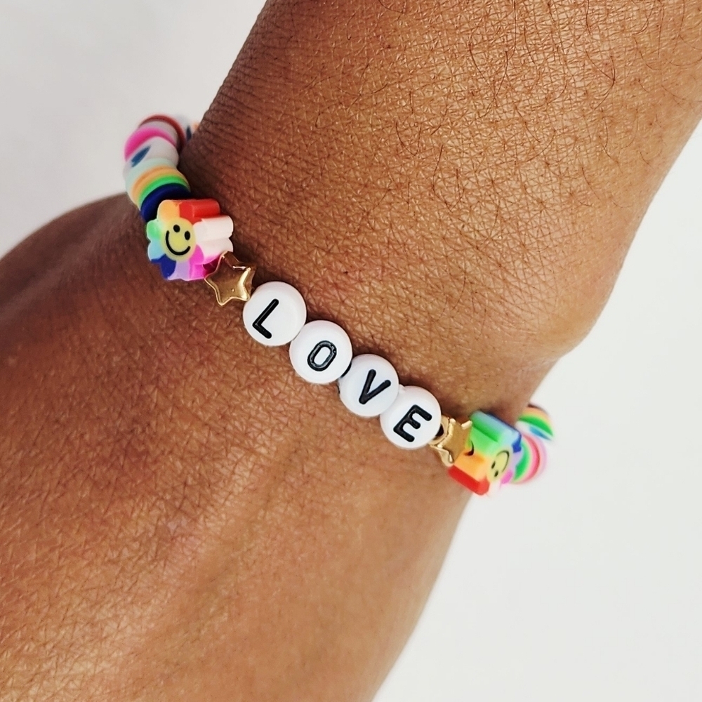 Handmade Clay Flower Heart Bead Bracelet With The Word LOVE